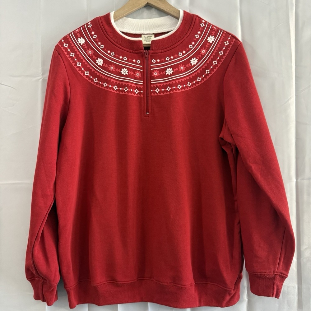 Blair Womens Red Geometric Print 1/4 Zip Sweatshirt Pullover Cottagecore Size L